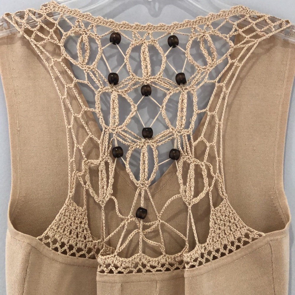Andre Oliver Silk nylon macramé top. Unique. Tan top. Open back. Size Small.